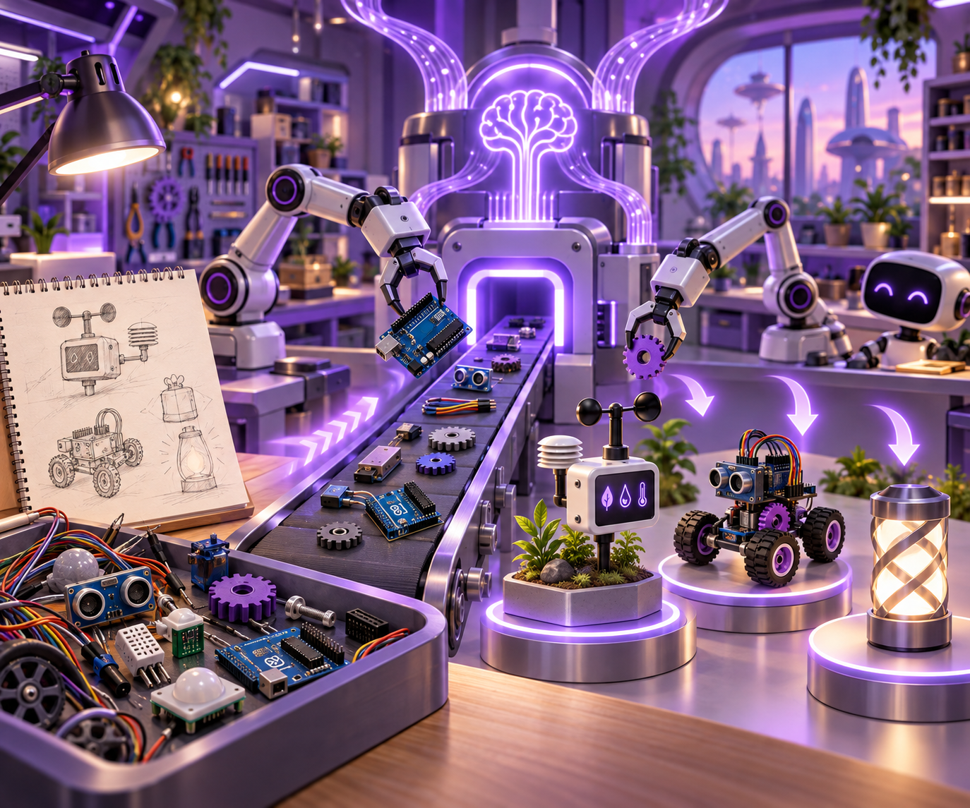 AI Arduino Project Factory workshop transforming ideas and electronic components into finished inventions