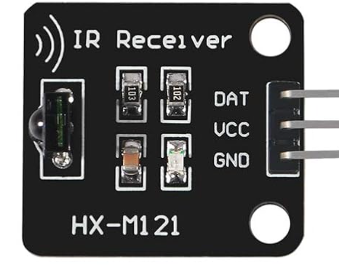 HX-M121 38 kHz infrared receiver module showing DAT, VCC and GND pins